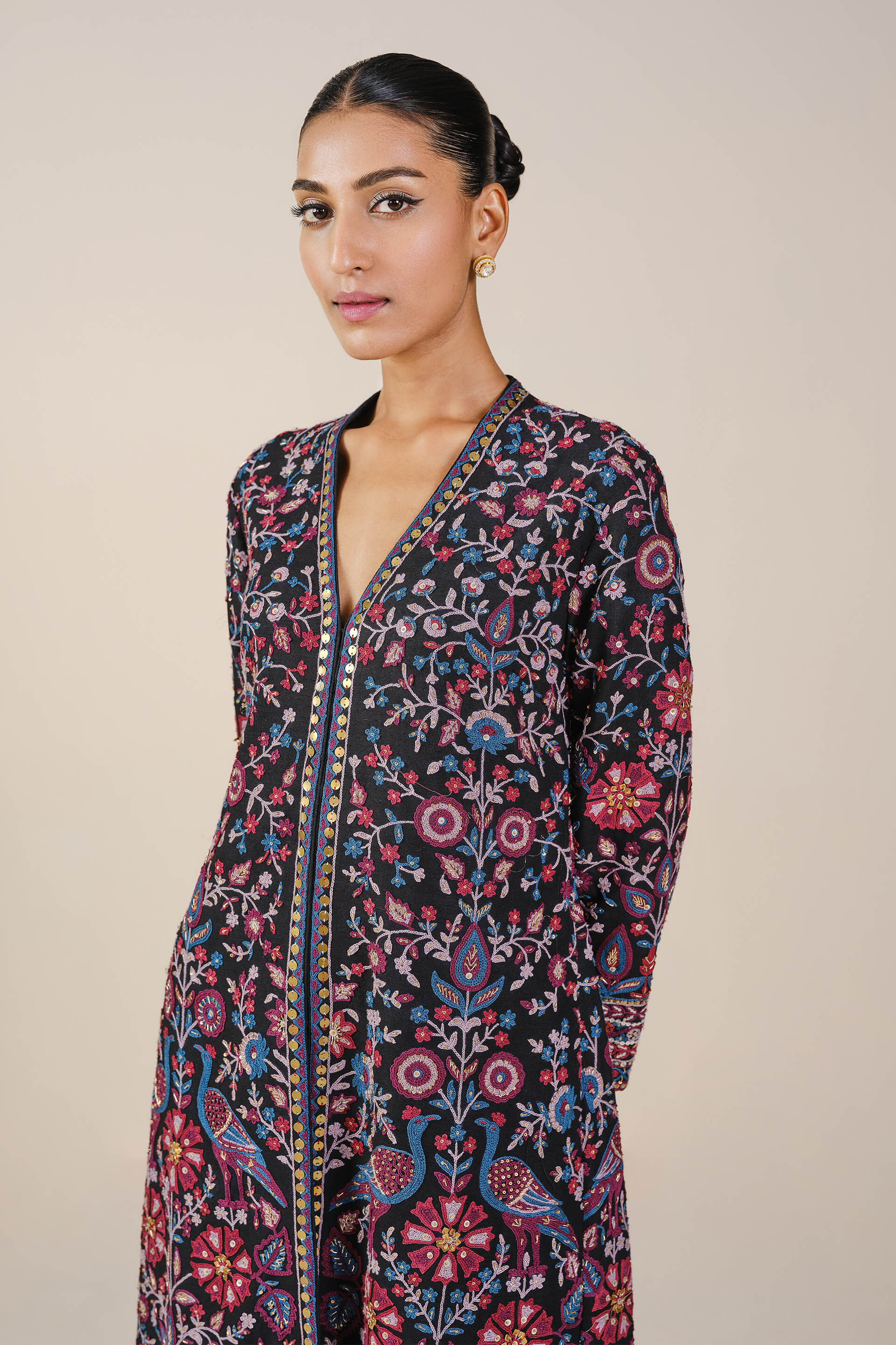 Starlit Serenade SEWA Hand-embroidered Silk Jacket Set - Black, Black, image 4